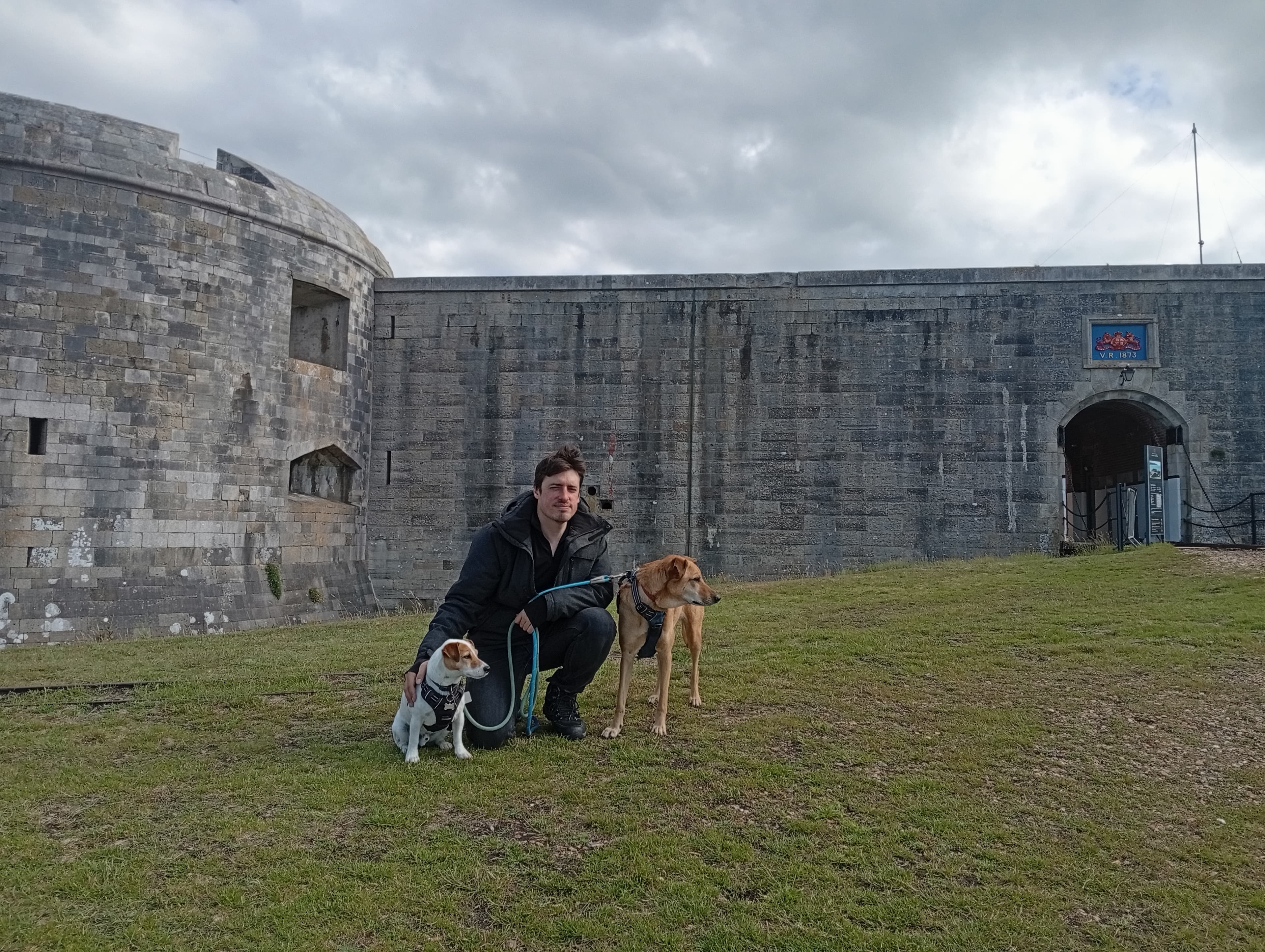 Ross with two dogs on a walk